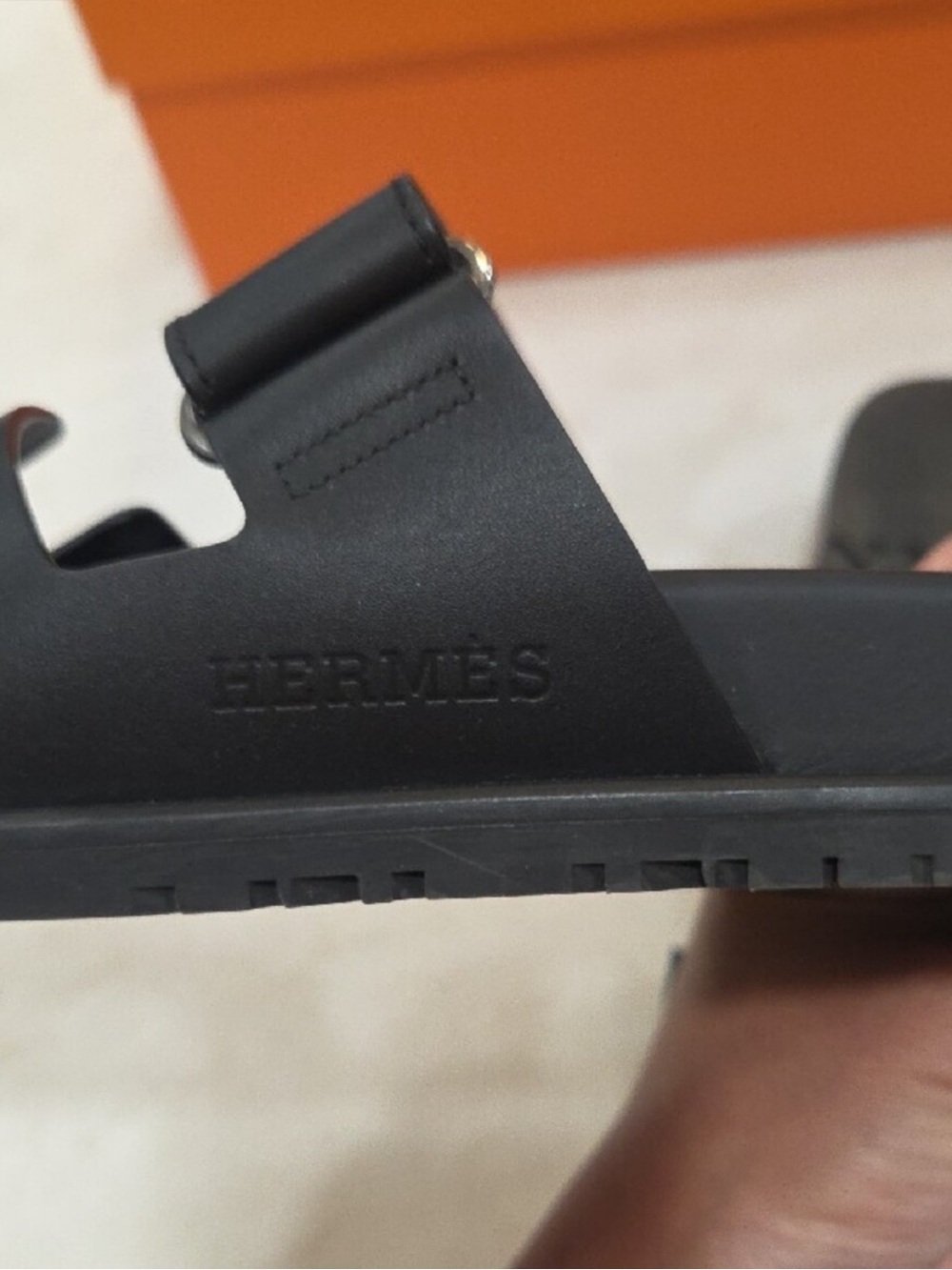 Hermes Black Leather H-Cut Slide Sandals - Picture 3 of 5